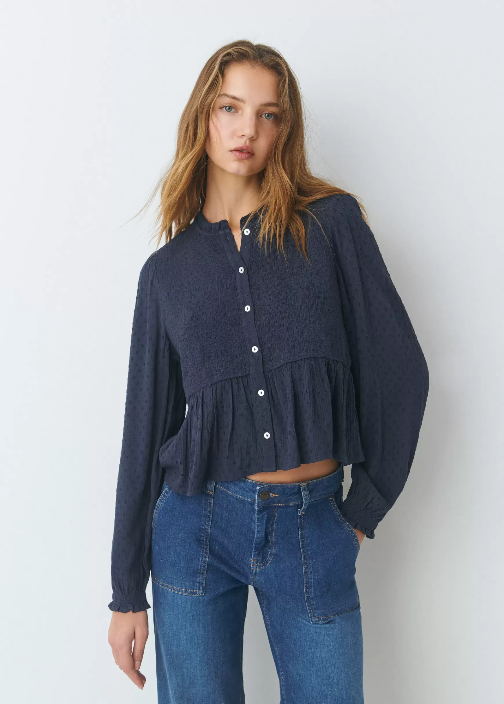 Brownie Blusa smock com botões plumeti- Blusas E Camisas