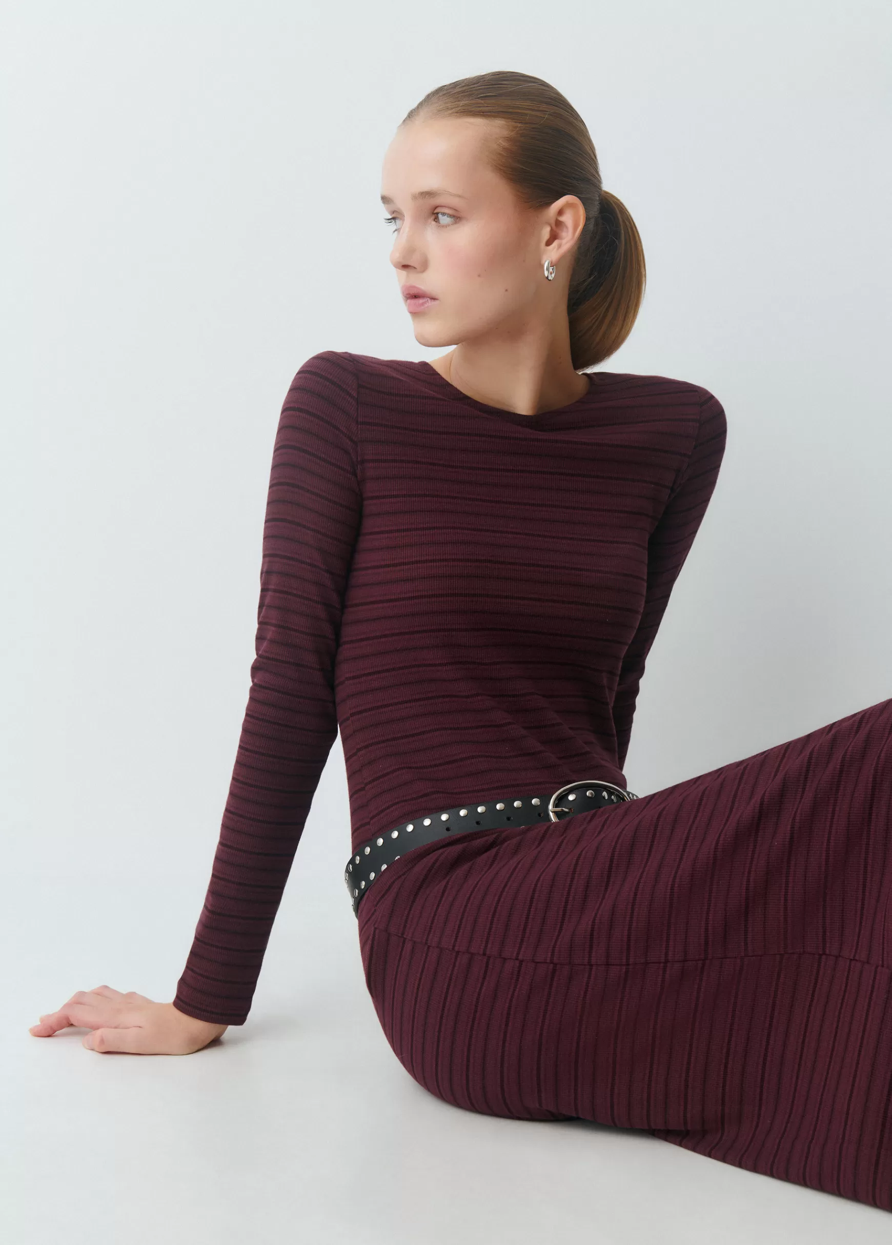 Brownie Vestido midi rib risca tecida- Vestidos Y Macacões